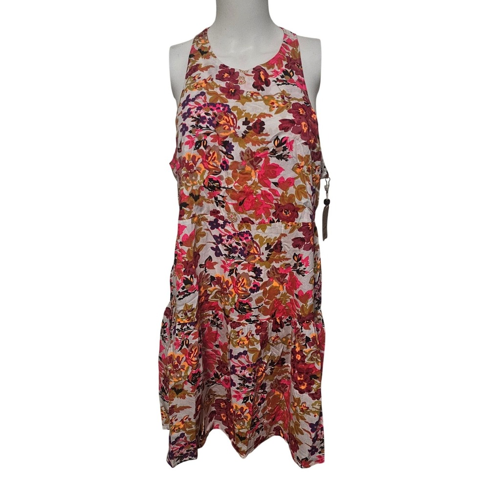 Natural Life XL Floral Halter Neck Mini Dress Tie Back Buttons Sundress Bohemian